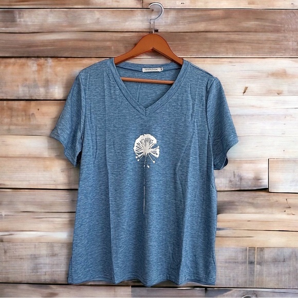 Last Ones ~NEW Washed Blue Dandelion V Neck Tee - Picture 3 of 4